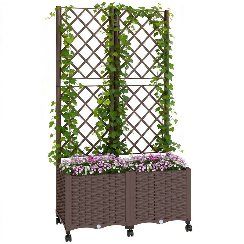 Outsunny Planter Box with Trellis, Self Watering Raised Garden Bed with Lockable Wheels, 56.3" Trellis Privacy Planter