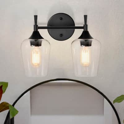 Matte Black 2-Light Modern Vanity Light with Clear Wine Glass Shades