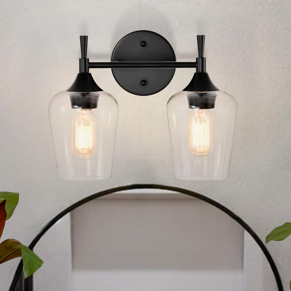 Matte Black 2-Light Modern Vanity Light with Clear Wine Glass Shades