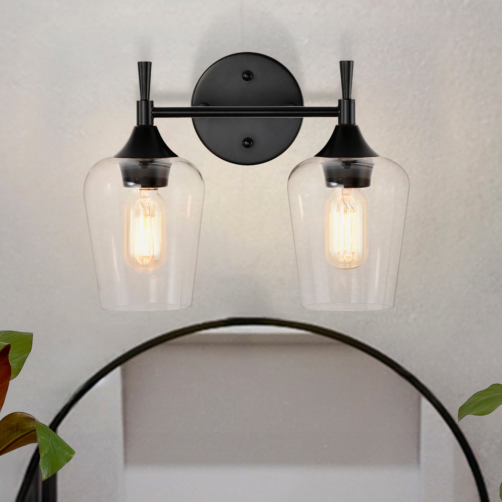 Matte Black 2-Light Modern Vanity Light with Clear Wine Glass Shades