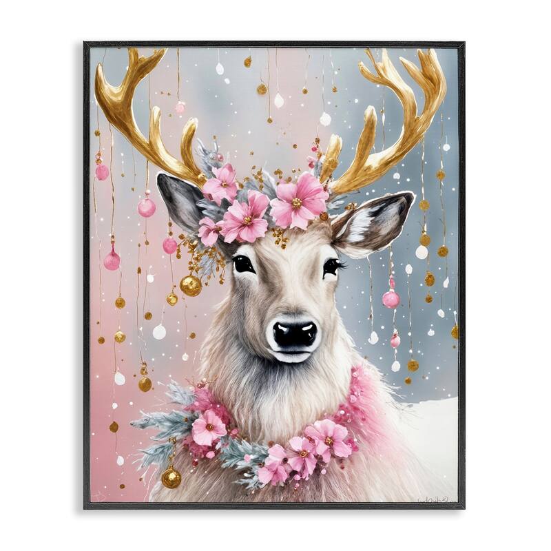 Stupell Ornamental Florals on Deer Framed Giclee Art Design By Tabz Jones - 11 x 14 - Black