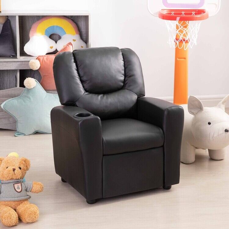 Deluxe Kids Recliner Chair with Footrest Headrest and 2 Cup Holders Microfiber Kids Recliner for Age 3+ Years