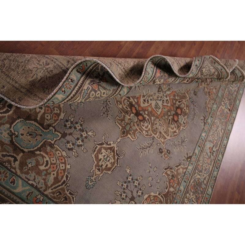 Hand Knotted Oriental 100% Wool Carpet Traditional Medallion Greys & Charcoal Tabriz Area Rug - 9' 8'' X 6' 5''