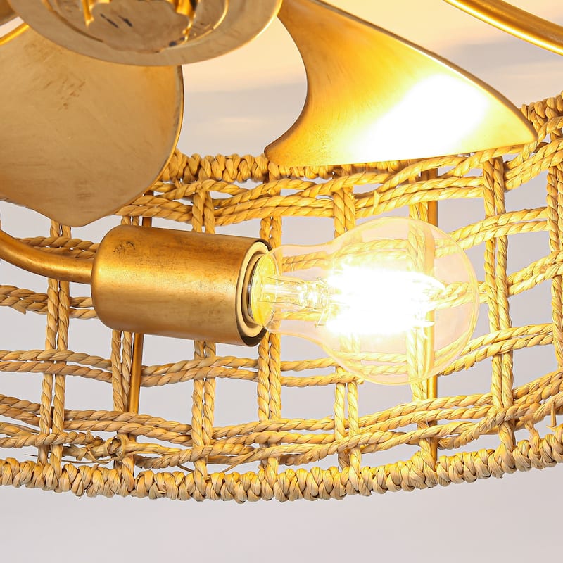 17.7" Natural Corn Straw Rope Gold Fandelier Flush Mount Ceiling Fan with Remote and App