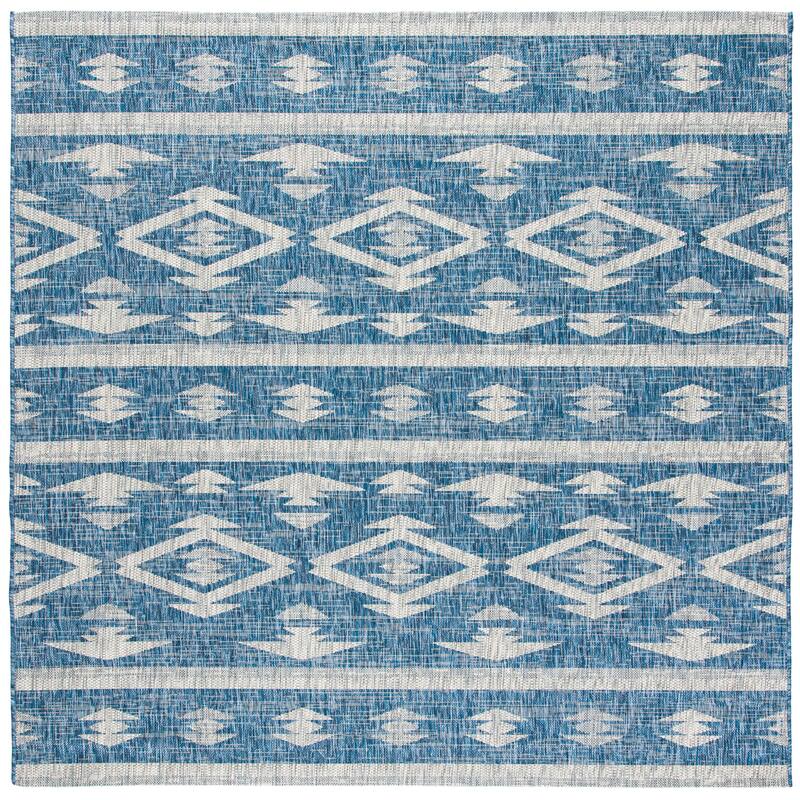 SAFAVIEH Courtyard Fraidel Indoor/ Outdoor Waterproof Patio Backyard Rug - 6'7" Square - Navy/Grey