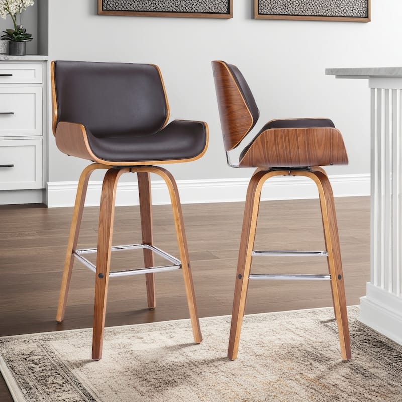 Tyler Mid-Century Swivel Bar Stool, Upholstered Counter Height Chair with Bentwood Legs - Brown & Walnut - Counter Height
