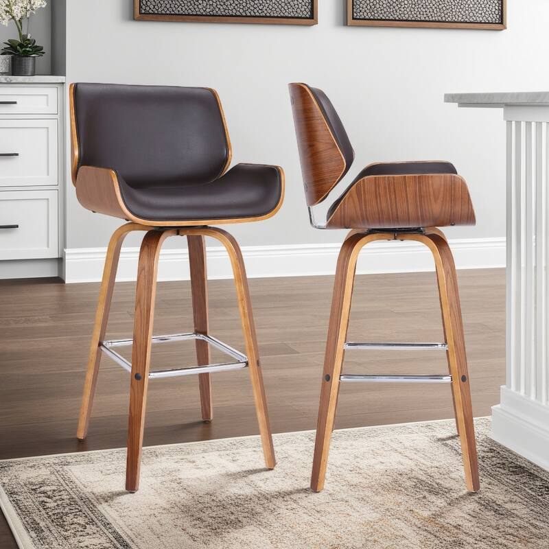 Tyler Mid-Century Swivel Bar Stool, Upholstered Counter Height Chair with Bentwood Legs - Set of 2 - Brown & Walnut - Counter Height