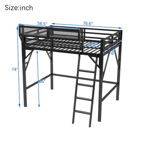 dimension image slide 1 of 2, Metal Loft Bed with Storage Shelves and Ladder