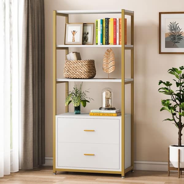 slide 2 of 6, 4-Tier White Bookshelf with 2 Drawers, Etagere Standard Book Shelves Display Shelf for Home Office - 60”H x 23.6”L x 15.7”W Gold/White