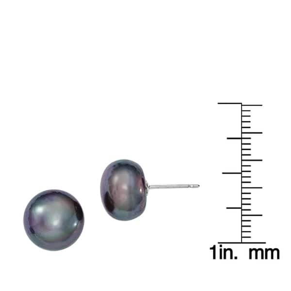 14k White Gold 10-11mm Black Round Freshwater Cultured Pearl Stud Post Earrings 