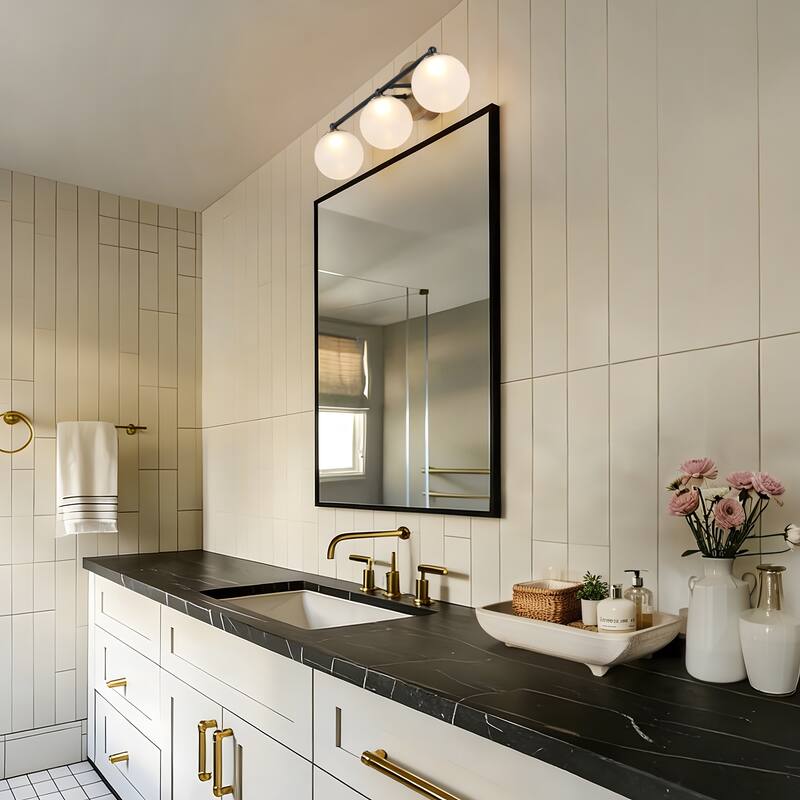 Modern 3-Light LED Bathroom Vanity Light in Black Brass with Frosted Glass Globe Shades