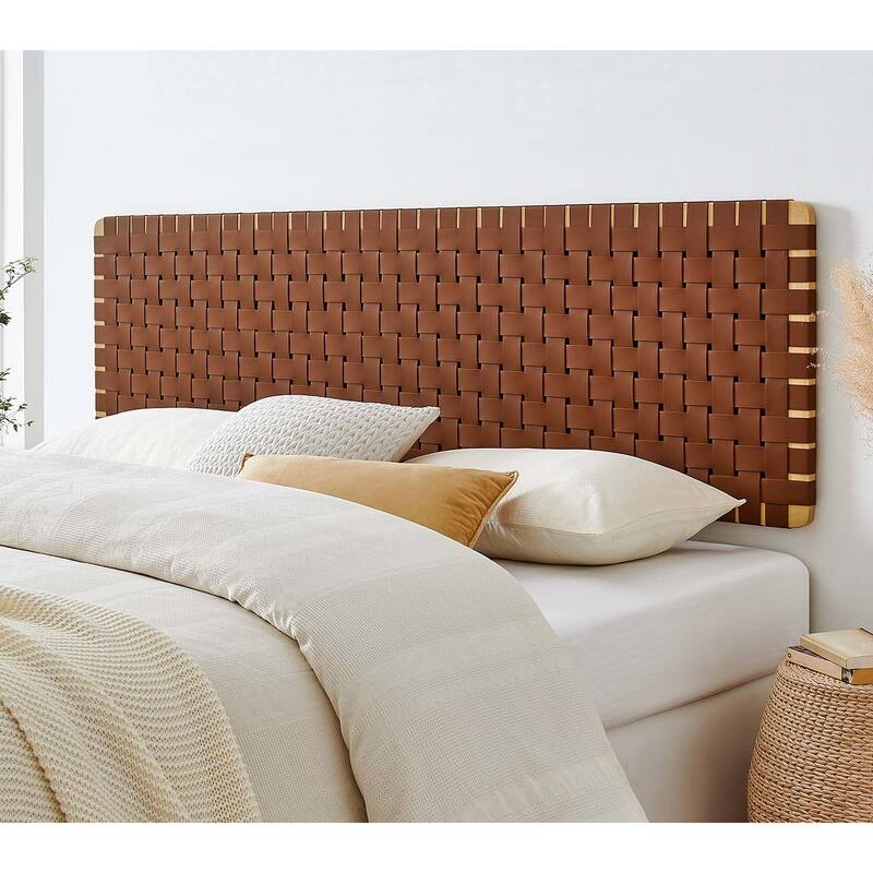 Ditmas Solid Wooden Brown Leather Basket Weaved Floating King Size Headboard