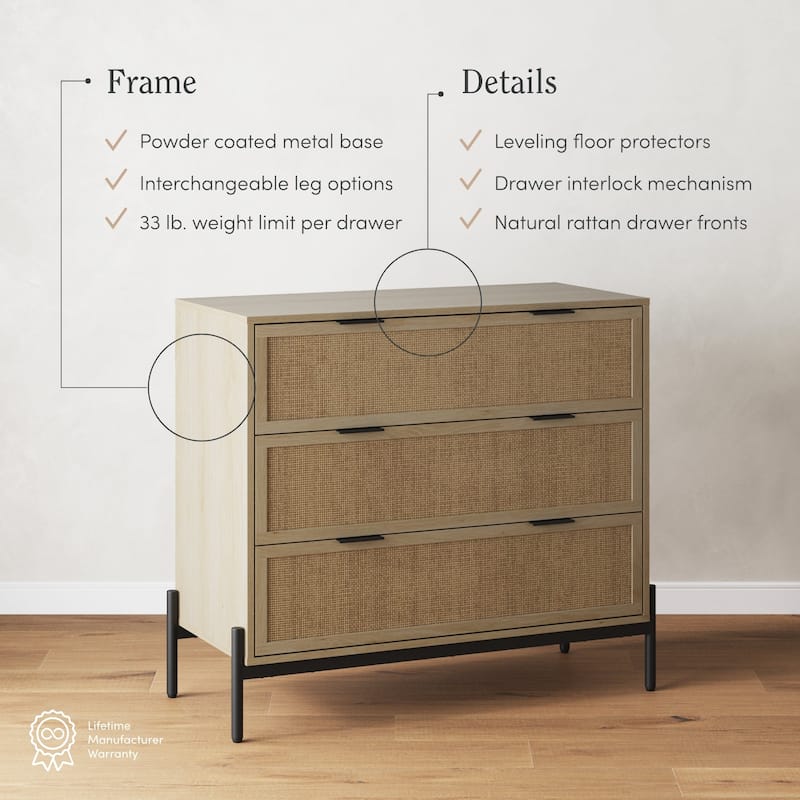 Andrew 3-Drawer Rattan Dresser or Bohemian Living Room Storage Cabinet with Natural Rattan Accent and Metal Legs