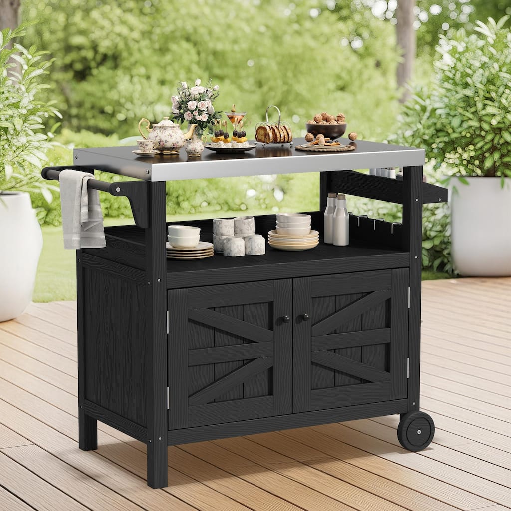 Outdoor Kitchen Cart with Stainless Steel Top, HDPE Patio Serving Cart with Storage
