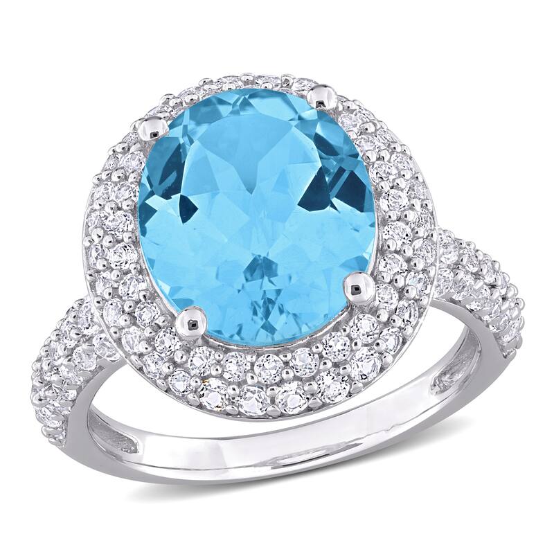 Miadora 7ct TGW Oval-Cut Sky Blue and White Topaz Double Halo Ring in Sterling Silver