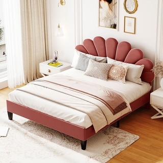 Red Queen Velvet Upholstered Bed Frame w/ Flower Pattern Headboard ...