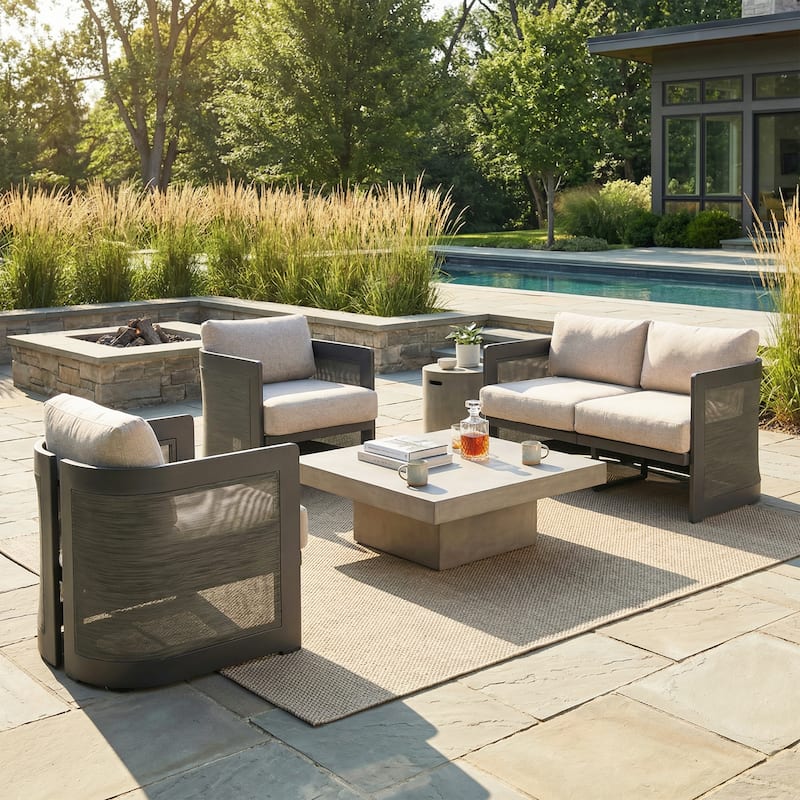 Christopher Knight Home - Modern Aluminum 3-Piece Outdoor Conversation Set with Mesh Panels and Olefin Cushions (No Table) - Beige,Black