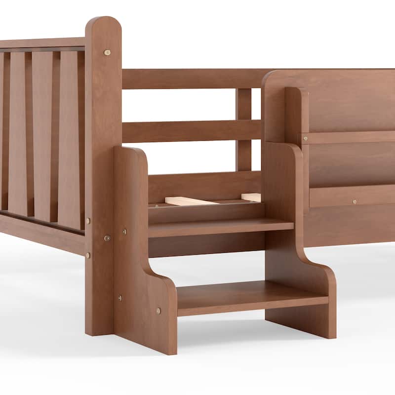 Full/Twin Floor Bed with Storage Bookcases & Cute Stairs - Solid Wood Kids Bed, No Box Spring