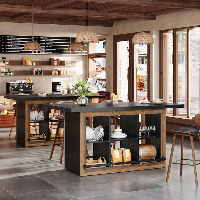 Counter Height Bar Table with Storage, Home Bar Cabinet Unit, Large Pub Table Kitchen Dining Room Accent Bar Console