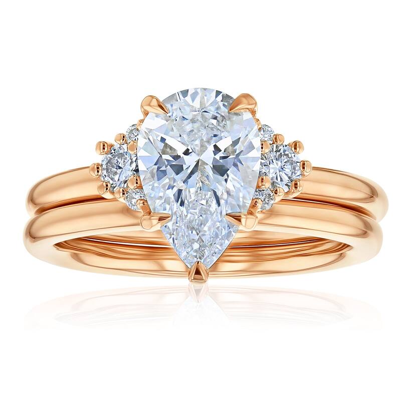 Kobelli 2.22 Carats Pear Lab Grown Diamond Certified Solid 14k Plain Gold Bands Dulce 2pc Bridal Set - Rose - 7