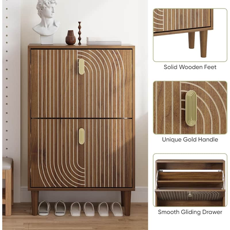 Freestanding Shoe Storage Cabinet with 2 Flip Drawers - Shoe Organizer with Metal Handles & Line Groove Design