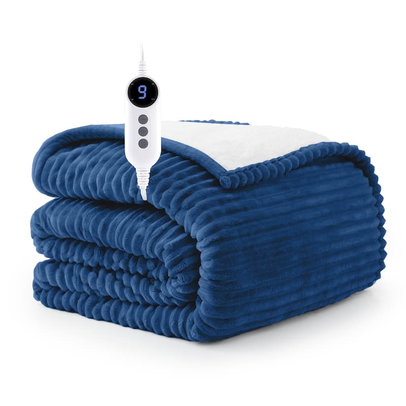 Reversible Flannel & Sherpa Electric Blanket, Heated Throw with Temperature and Timing Functions of a Controller - 50"*60" - Navy