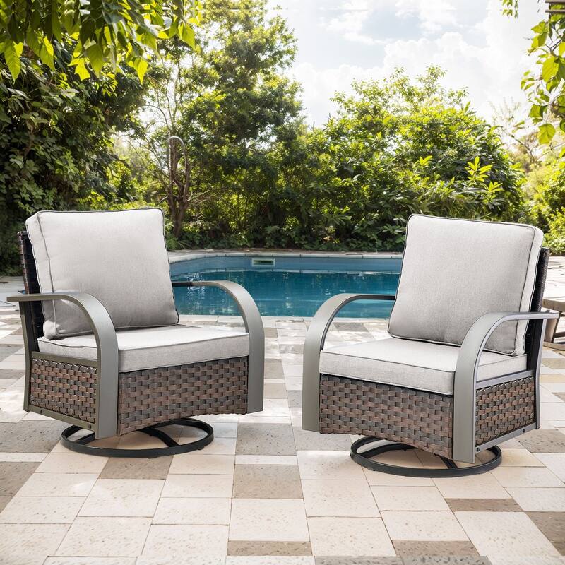Outdoor PE Wicker Patio Furniture Set - Brown Rattan - Beige Cushion - 2PCS Swivel Chair