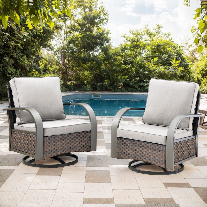 Pocassy Outdoor Patio Sofa Chairs Ottoman Set Funiture - 2PCS Swivel Chair - Brown Rattan - Beige Cushion