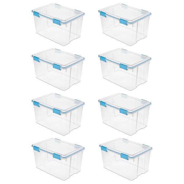 slide 1 of 2, Sterilite 54 Quart Gasket Box in Clear with Blue Latches, 8 Pack | 19344304 - 22.5 x 16 x 12.75 inches