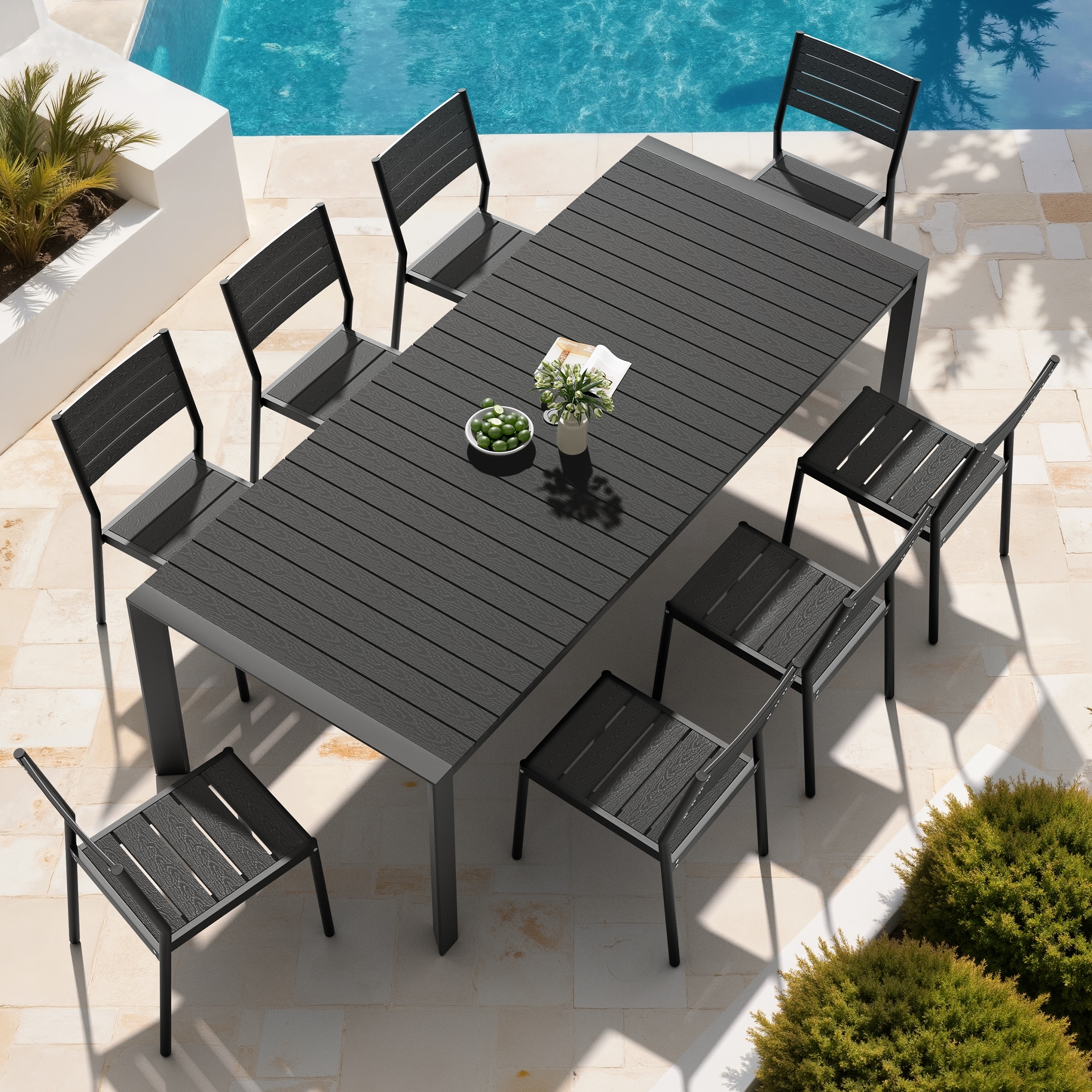 Set of 9 Outdoor Patio Dining Set WoodLike Table Top Aluminum Rectangular Umbrella Hole Table with Stackable Dining Chairs