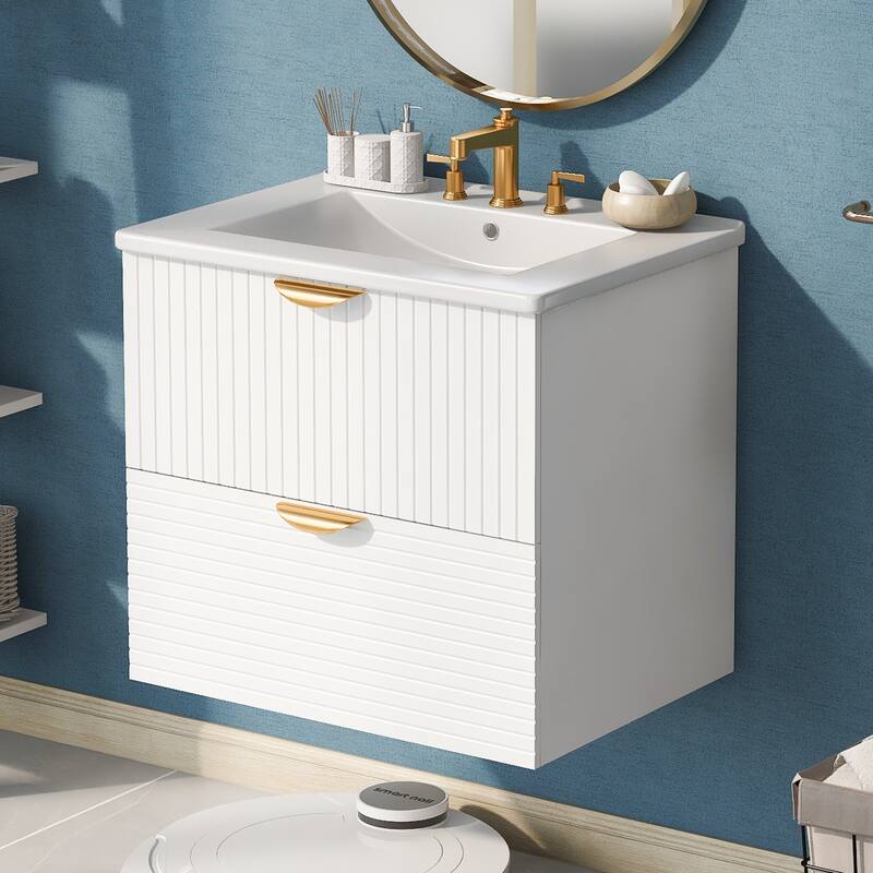 Modern 24-Inch Wall-Mounted Bathroom vanity with 2 Drawers - White