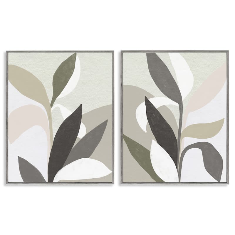 Stupell Neutral Leaf Shapes Framed Giclee Art Design By June Erica Vess (Set of 2) - 11 x 14 - Grey