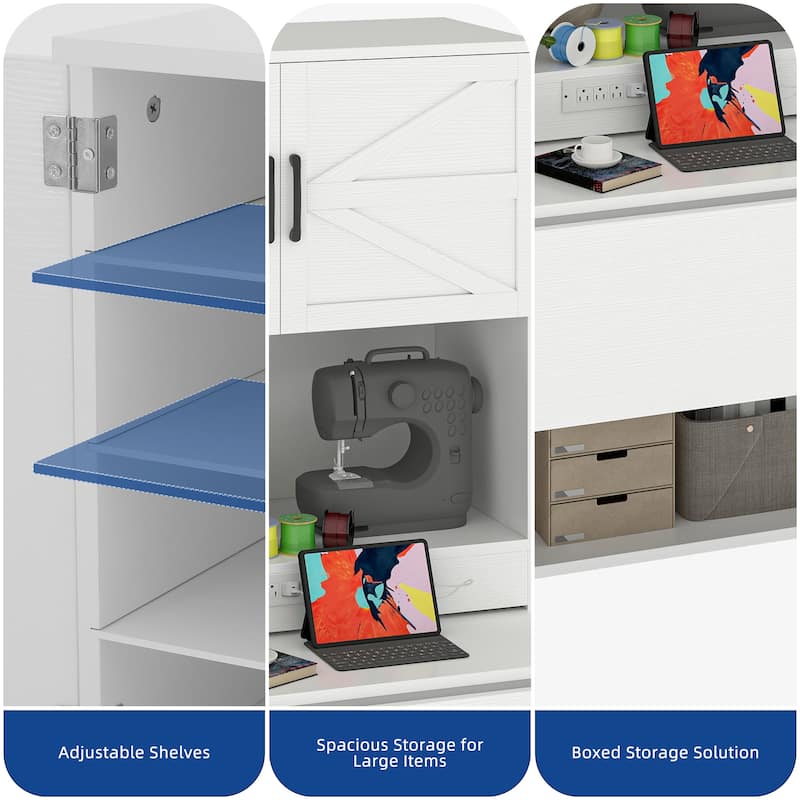 Moasis Expandable Crafting Table with Storage, Artwork Sewing Table with Cabinet and Magnetic Doors & Power Outlets