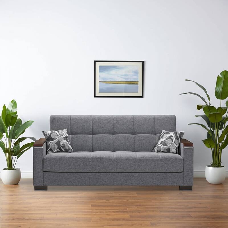 HomeRoots 87" Gray Chenille Convertible Futon Sleeper Sofa And Toss Pillows With Storage - Gray