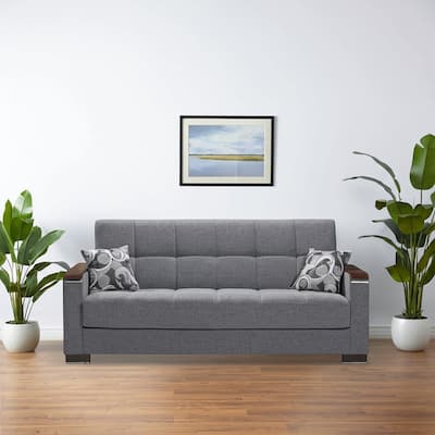 HomeRoots 87" Gray Chenille Convertible Futon Sleeper Sofa And Toss Pillows With Storage