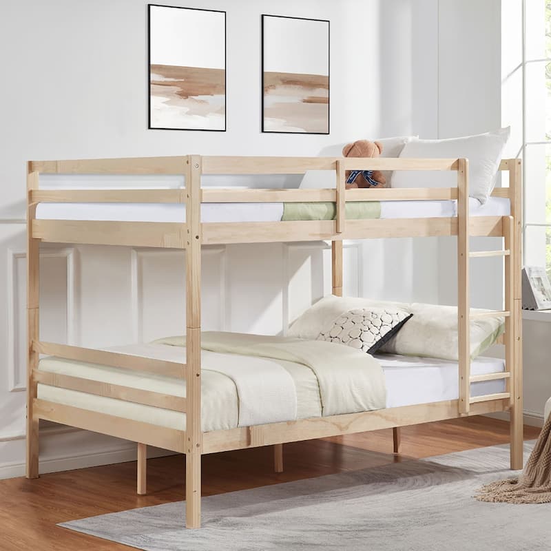 Full over Full Wooden Bunk Bed,High Guardrail,Ladder,Kids Teens,Dorm - Natural
