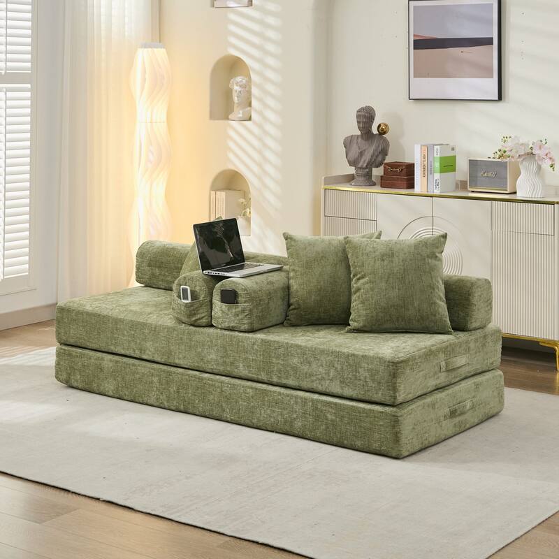 Chenille Folding Sofa Floor Sleeper Bed Chaise Lounger Couch 3-in-1 Comfy Mattress with Reversible Arm Pillows and Non-slip Pad