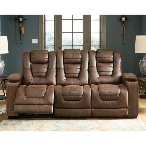slide 2 of 3, Signature Design by Ashley Owner's Box Power Adjustable Dual Reclining Sofa - 39" x 84" x 44" 39" x 84" x 44" - Brown