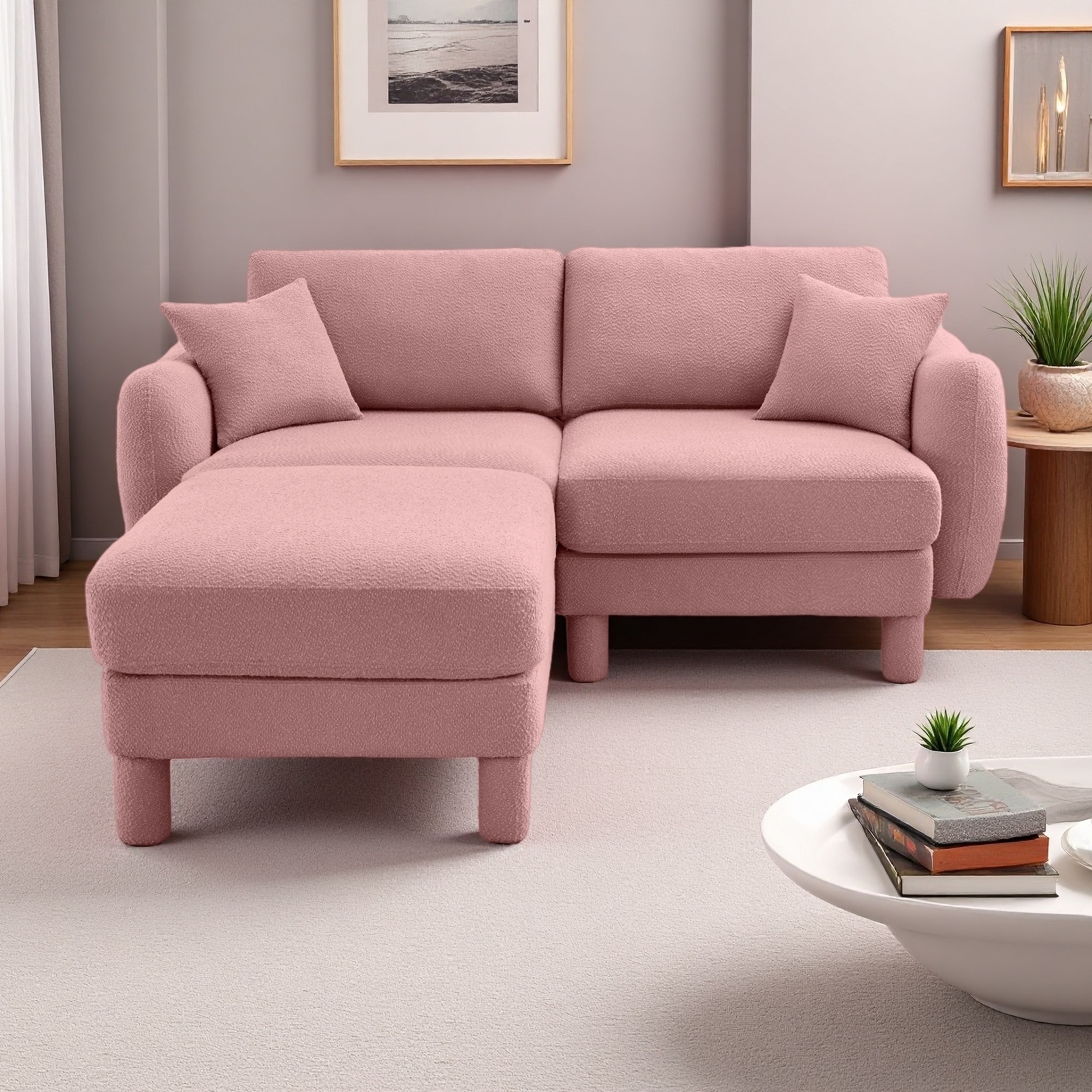 78" Boucle Loveseat Sectional Sofa with Shell-shaped Armrests and Removable Ottoman (2-Seater)