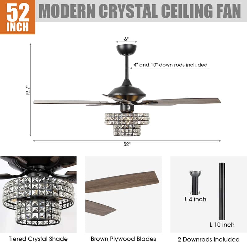 52-inch Chrome Wooden 5-blade Modern Crystal Ceiling Fan with Remote