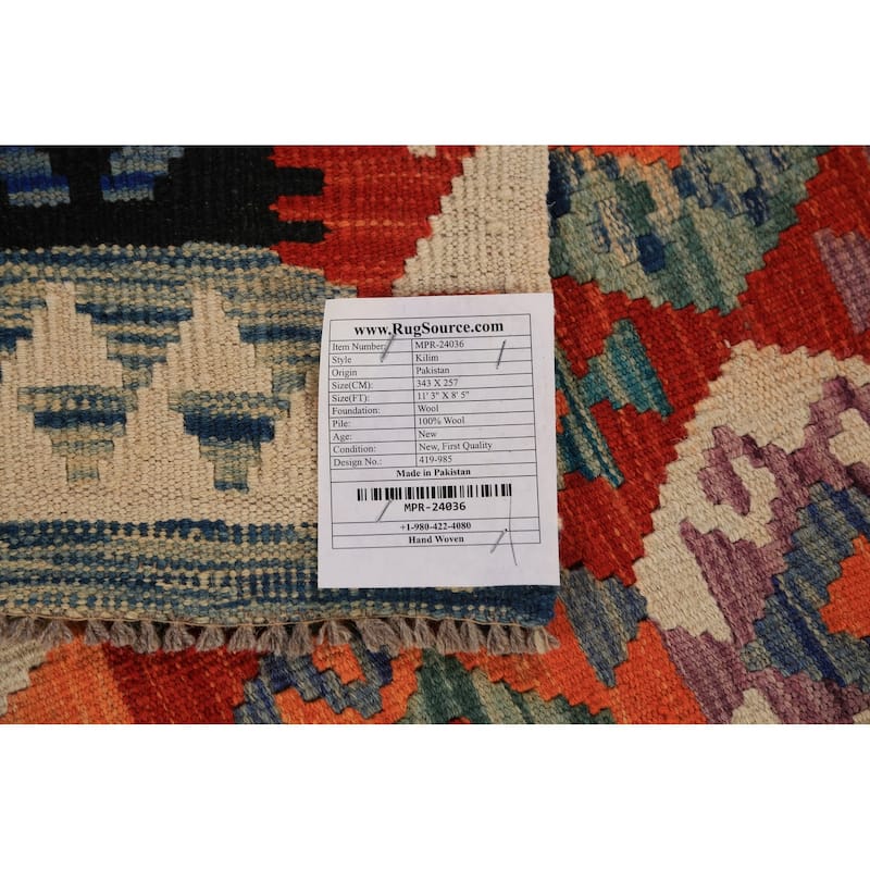 Geometric Kilim Area Rug Flatweave Oriental Orange Wool Carpet - 8'5"x 11'3"