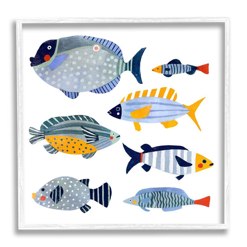 Stupell Children's Aquatic Fish Arrangement Playful Blue Yellow Animals Framed Wall Art - 12 x 12 - White