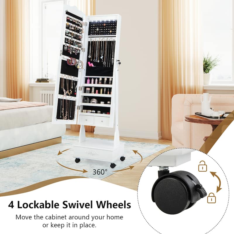 6 LED Floor Standing Jewelry Armoire Lockable Jewelry Organizer
