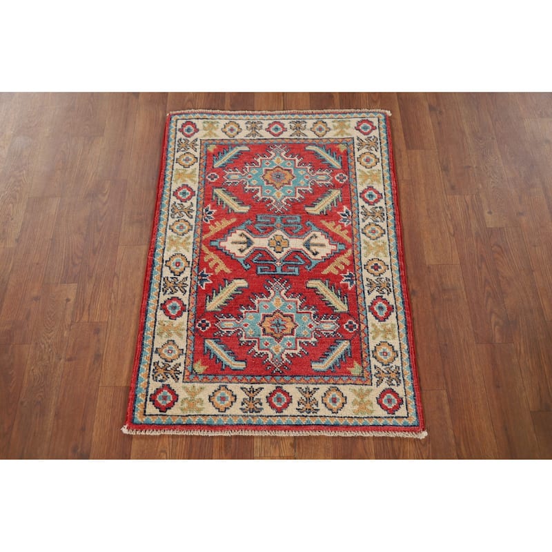 Red Geometric Kazak Oriental Accent Rug Hand-Knotted Wool Carpet - 2'0" x 2'10"