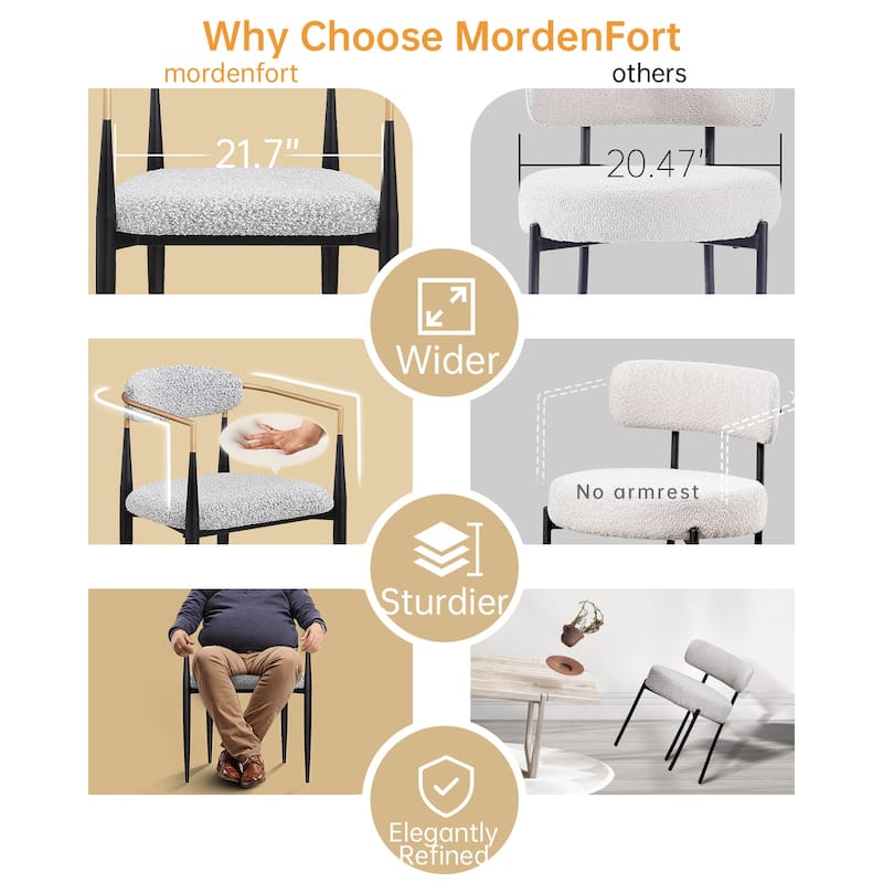 Morden Fort Modern Dining Chairs Upholstered Boucle Armchairs Set of 4 with Metal Frame
