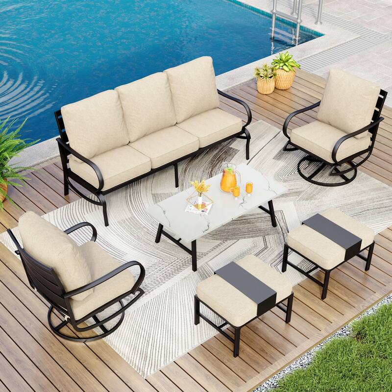 MAISON ARTS 5/7/9-Seat Patio Conversation Set, Outdoor Sofa Set with Single Sofa Chairs, 3-Seater Sofa, Ottoman and Coffee Table - 6-Piece - Set 2-Swivel Chairs with Ottoman