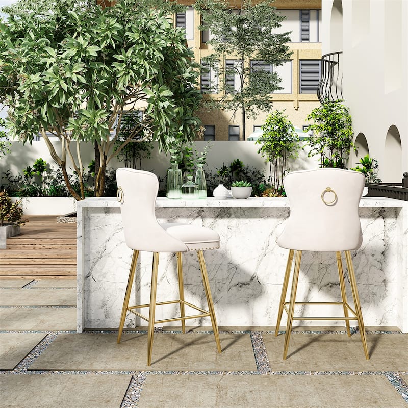 Velvet Bar Stools with Metal Legs, Button Tufted and Nailheads Trim (Set of 2)