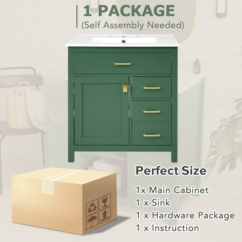 Compact 30-Inch Black Bathroom Vanity with Ceramic Sink, 3 Storage Drawers, Soft-Close Doors, Adjustable Shelf