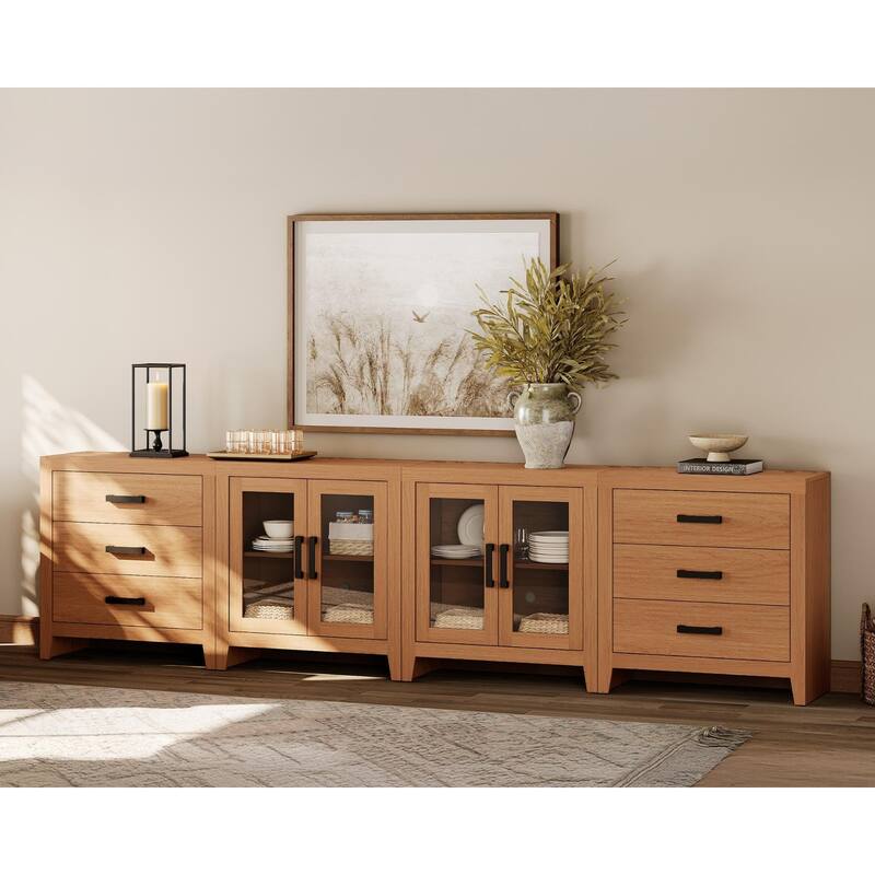 WAMPAT Farmhouse Buffet Cabinet with Glass Doors and Drawers, 4-Piece Modular Sideboard - Mocha
