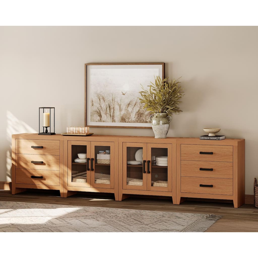 WAMPAT Farmhouse Buffet Cabinet with Glass Doors and Drawers, 4-Piece Modular Sideboard